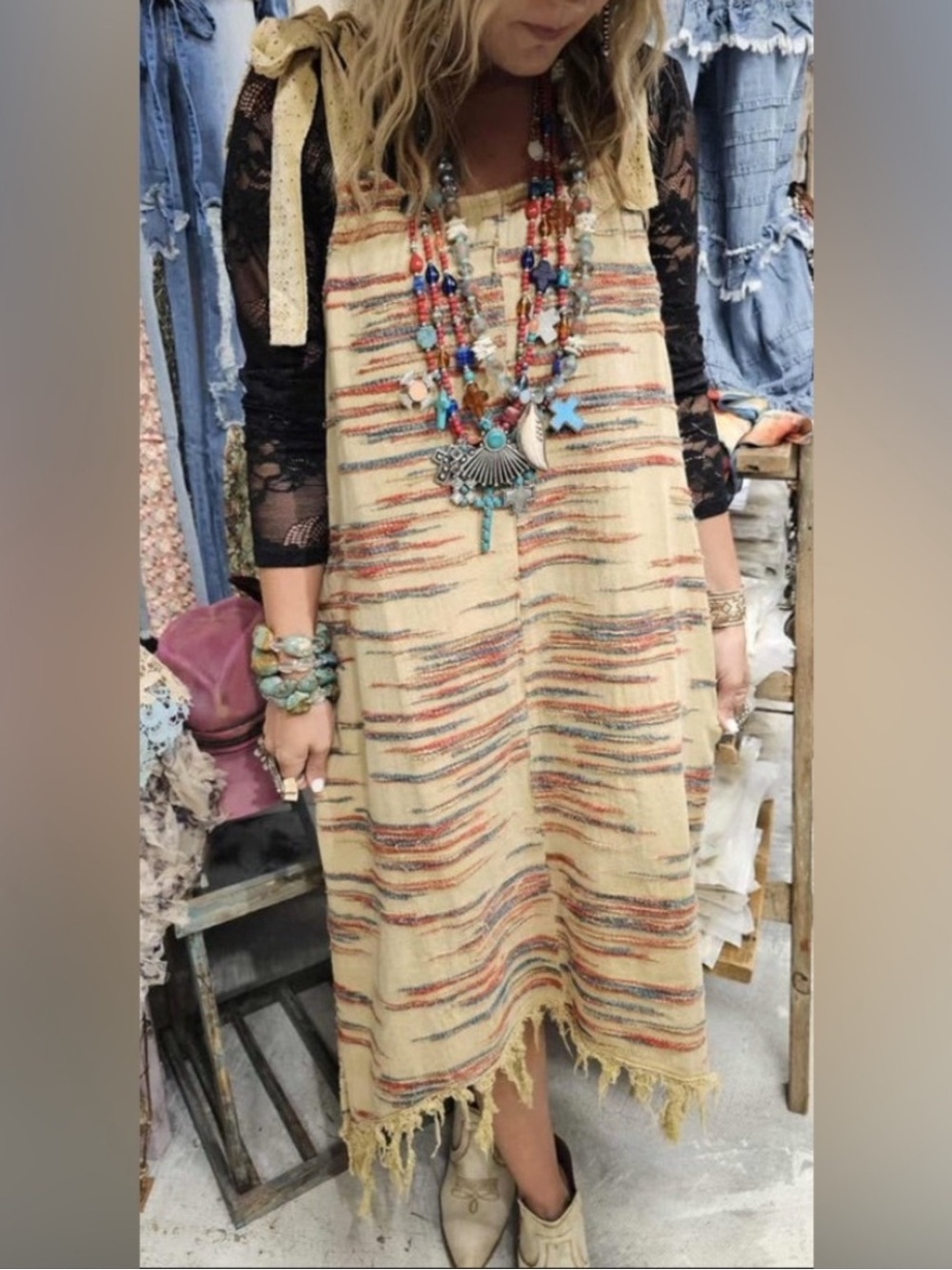A Rare Bird `1Boho Fringe Tie-Shoulder Midi Dress in Cream Multi